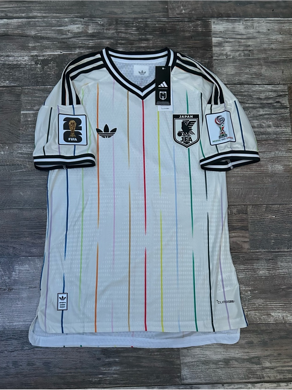 Japan Men's White Soccer Jersey with Multicolor Pinstripes